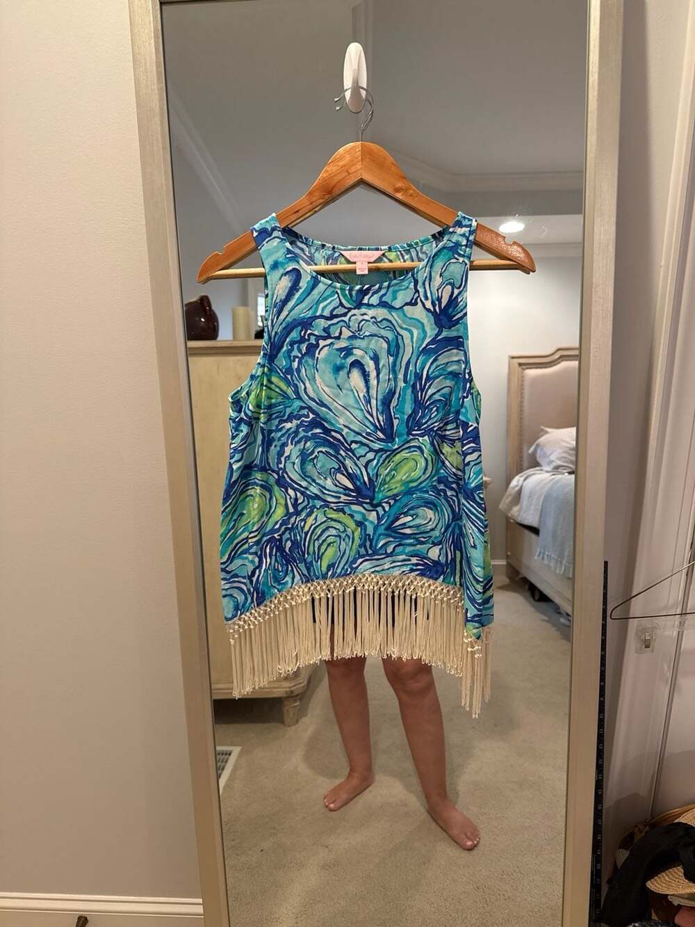 Lilly Pulitzer Sonya Sleeveless Fringe Top in Oh Shucks Blue Oyster Print Size 2